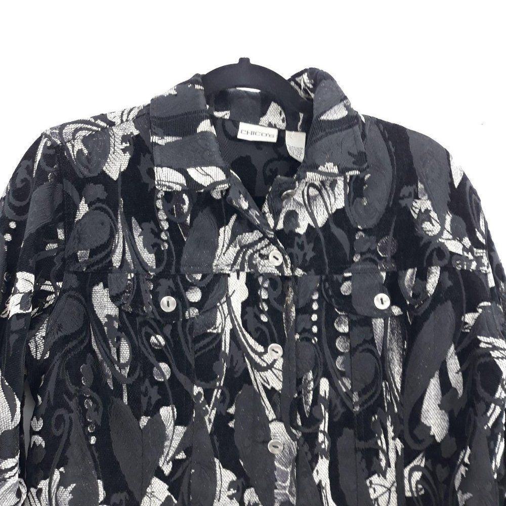 Vtg 80's Chico's Blazer Jacket Shacket Jacquard Tapestry Abstract Black Size 2 - Picture 2 of 8